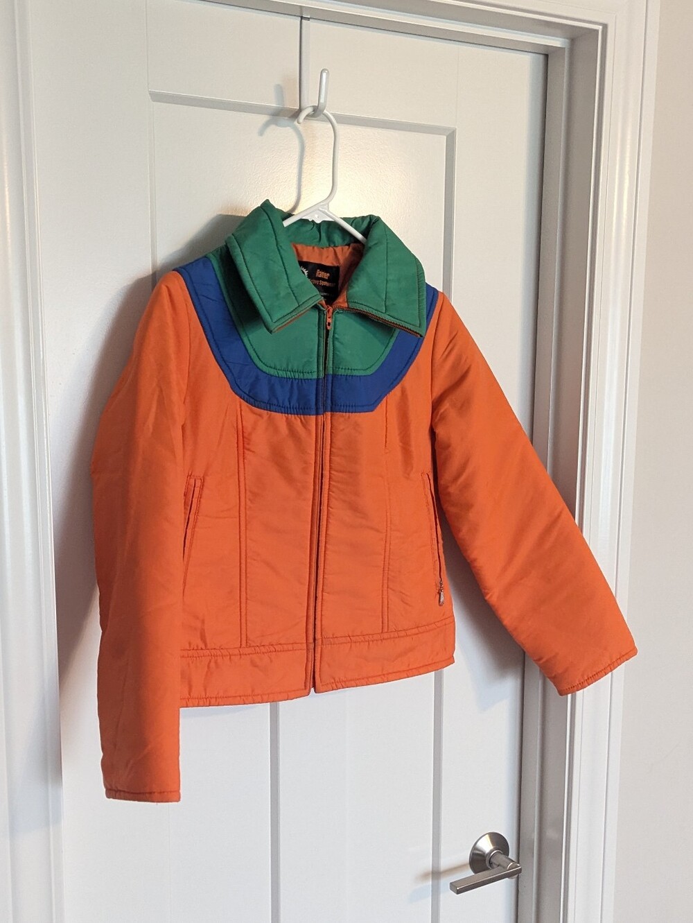 Rainier Vintage 80s Color Block Cropped Ski Jacket - Bright Orange Green sz S - Picture 2 of 7